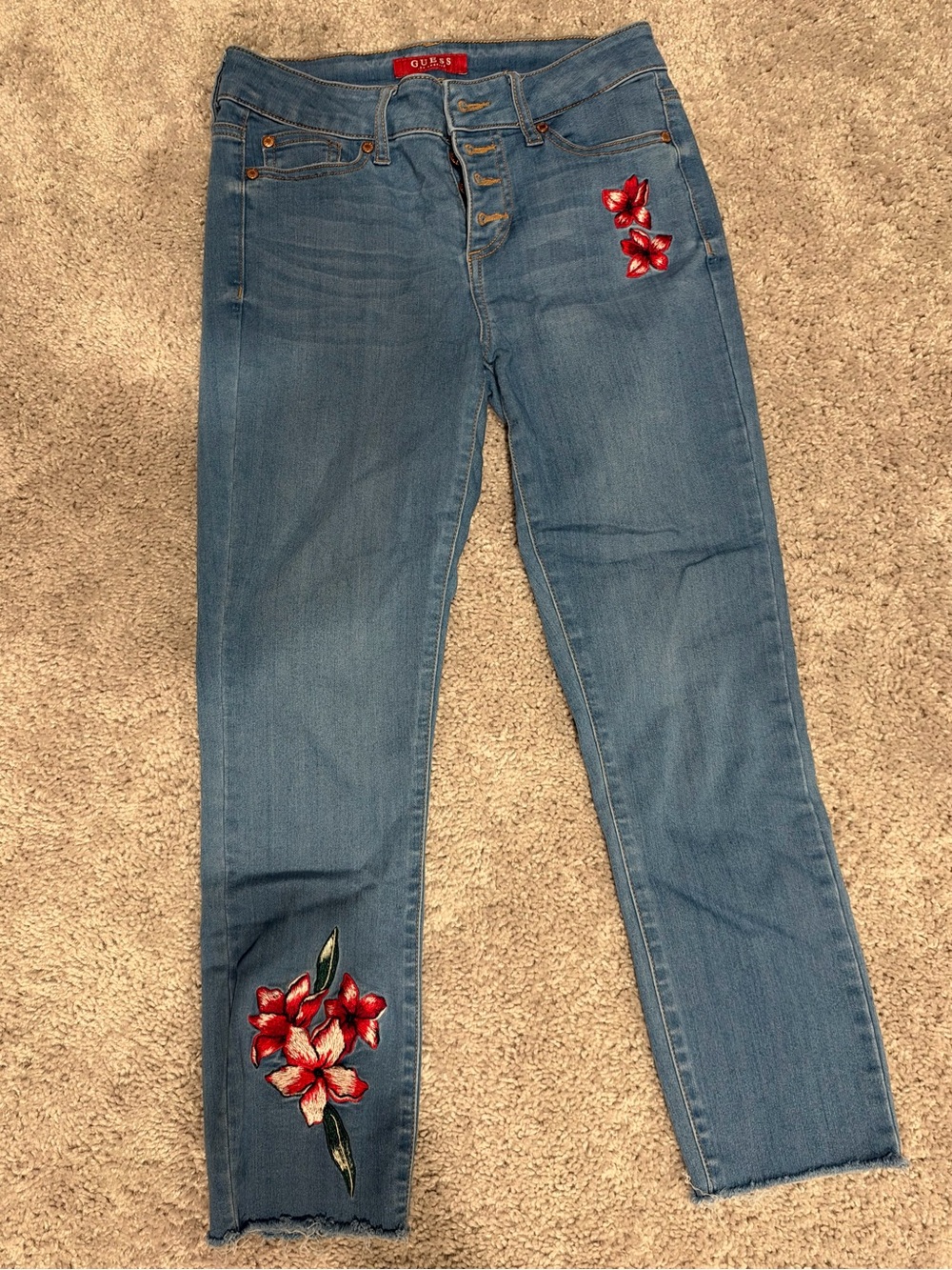 Guess Light Blue Jeans with Red Floral Embroidery